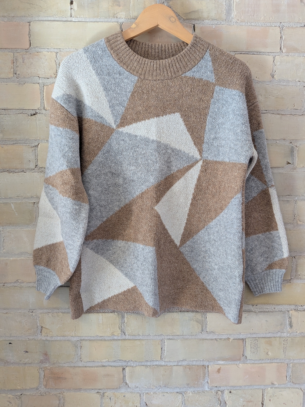 2 For $50 Geo-Pattern Crewneck Sweater in Beige, Gray & Cream